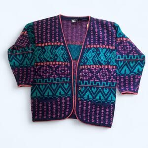 Vintage 80s Chunky Cardigan Sweater Bold Colorful Aztec Patterned Women's M